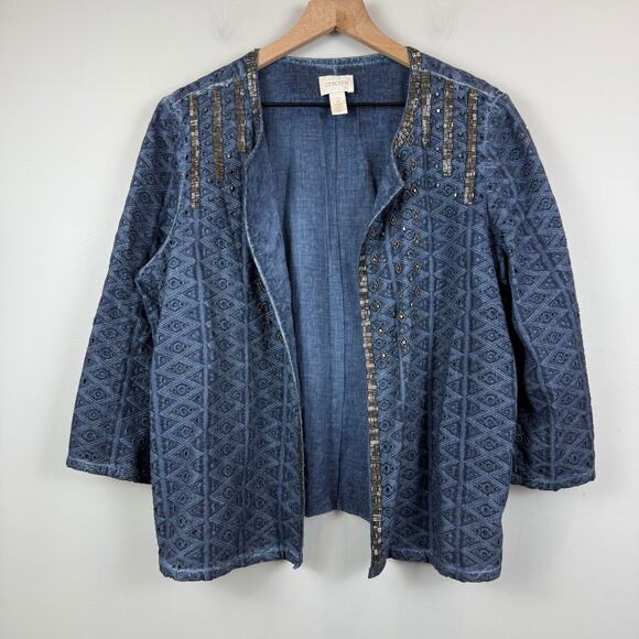 Chico's Jackets & Blazers - Chicos Jacket Womens 2 US L Blue Broderie Embellished 3/4 Sleeve Open Front Art